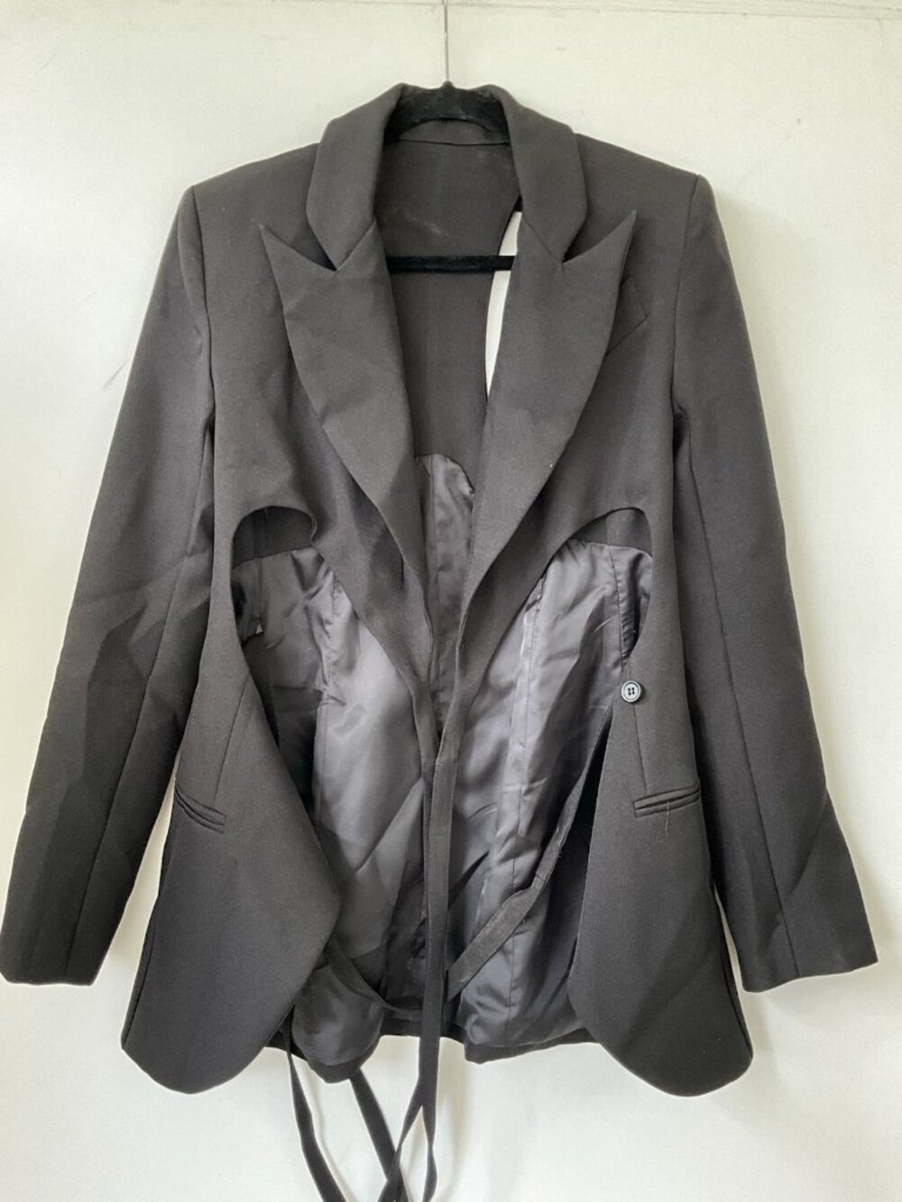 Black Cutout Blazer Dress Open Back Wrap Waist Long Sleeve Mini Dress Size S - Picture 5 of 9